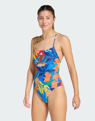 adidas Performance - Mexicana - Badeanzug in Glow Blue / Weiß mit Schnürung am Rücken und Blumenmuster-Blau