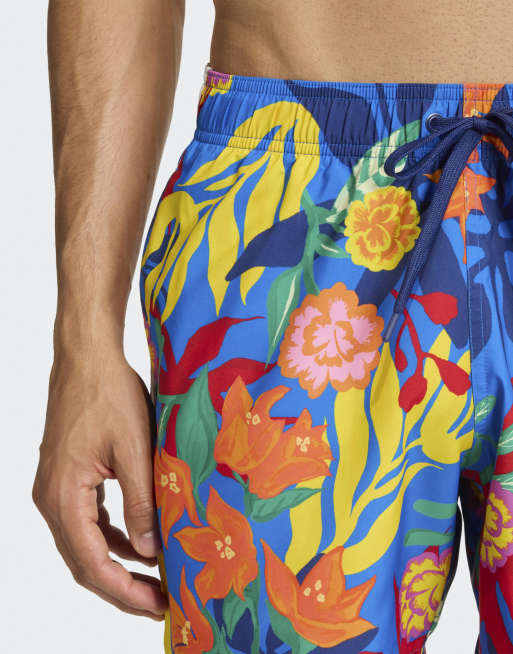 adidas performance Mexicana florals 3 stripes swim shorts 5 inch in glow blue / white, 4 of 4