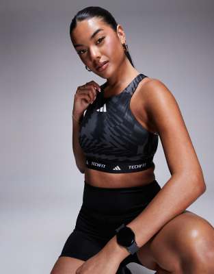 adidas performance adidas Performance mid support sports bra in black print