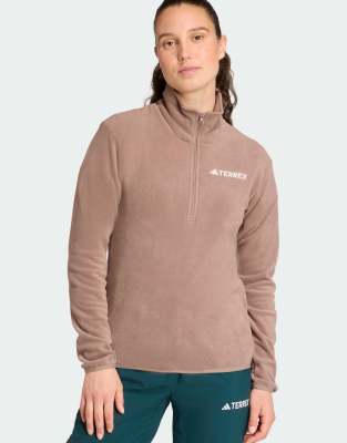 adidas Performance - Multi Essentials - Fleece-Jacke in Trace Brown mit kurzem Reißverschluss