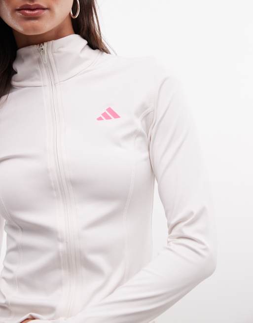 adidas Performance Oberteil mit durchgehendem Reißverschluss und Three Stripes Studios in Weiß und Pink, 3 von 4