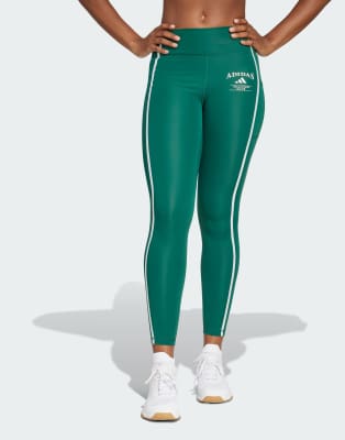 adidas performance Optime heritage full-length leggings in collegiate green / chalk white
