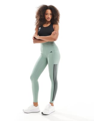 adidas performance - Optime - Leggings in voller Länge in Silbergrün mit den 3 Streifen