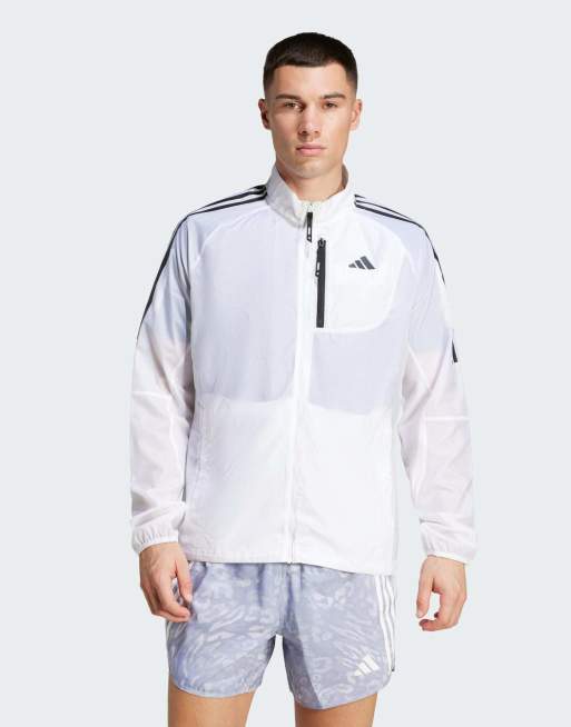 adidas Performance – Own The Run – Biała, składana kurtka z 3 paskami
