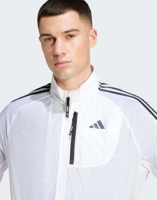 adidas Performance – Own The Run – Biała, składana kurtka z 3 paskami, 3 z 4