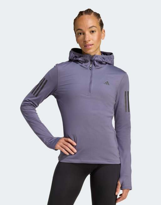 adidas Performance – Own The Run – Blekt lila vintertröja med huva och dragkedja vid halsen