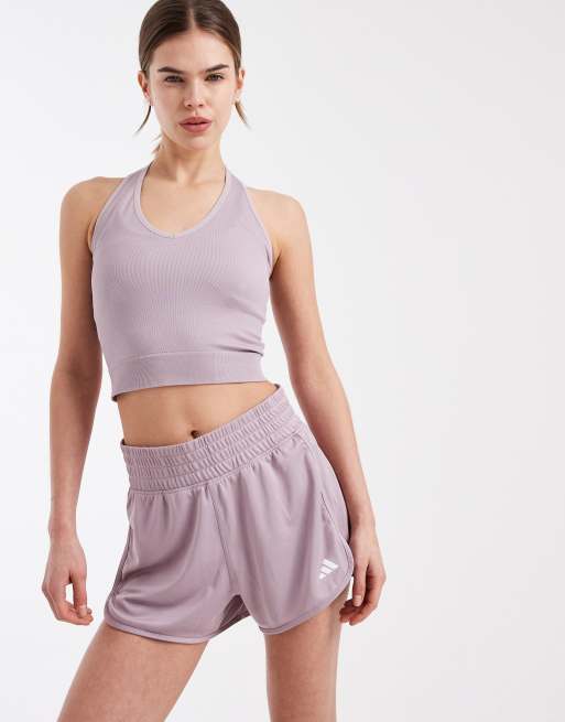 adidas performance - Pacer Essentials - Pantaloncini a vita alta in maglia color preloved fig/bianco