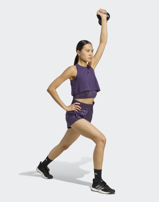 adidas Performance – Pacer – Gemusterte Sport-Shorts aus Webstoff in Aurora Plum mit hohem Bund, 2 von 4