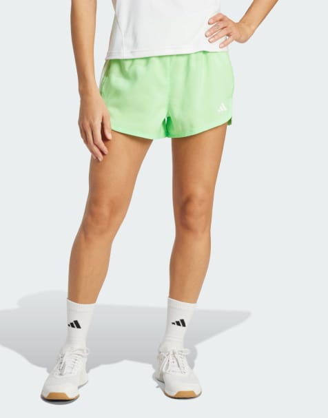 adidas performance Pacer training 3-stripes woven high-rise shorts in lime burst / white