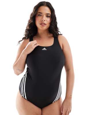 adidas Performance plus 3 stripe swimsuit in black