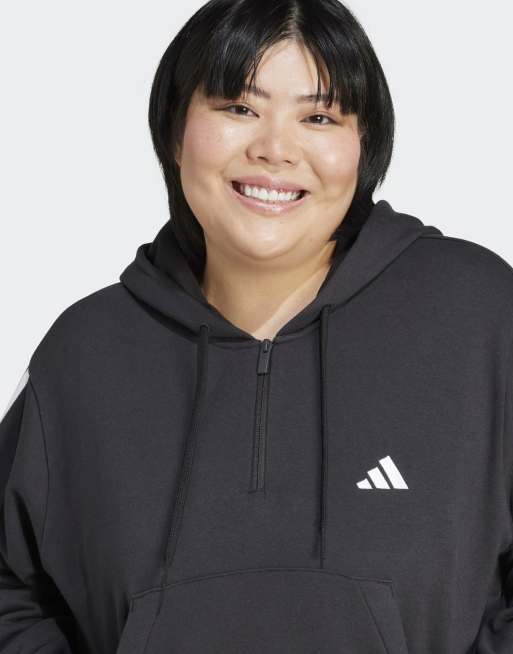 adidas performance Plus Essentials 3-stripes french terry quarter-zip hoodie in black/white, 4 of 4
