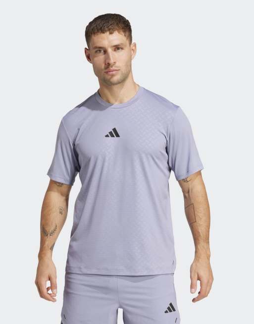 adidas Performance – Power – Srebrnofioletowy T-shirt z 3 paskami