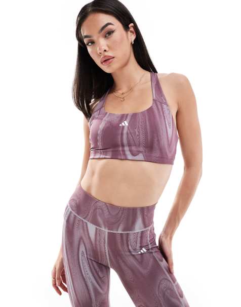 adidas Performance powerimpact training medium-support 3-stripes sports bra in purple - view 1