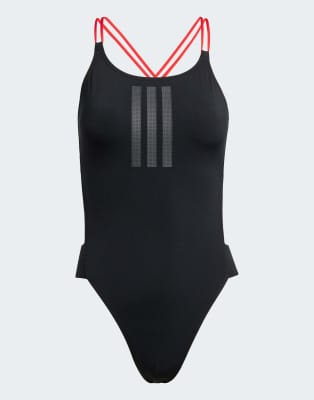 adidas Performance - Ripstream - Badeanzug in Schwarz und Pure Ruby mit 3-Streifen-Logo und Rückenträgern in X-Form