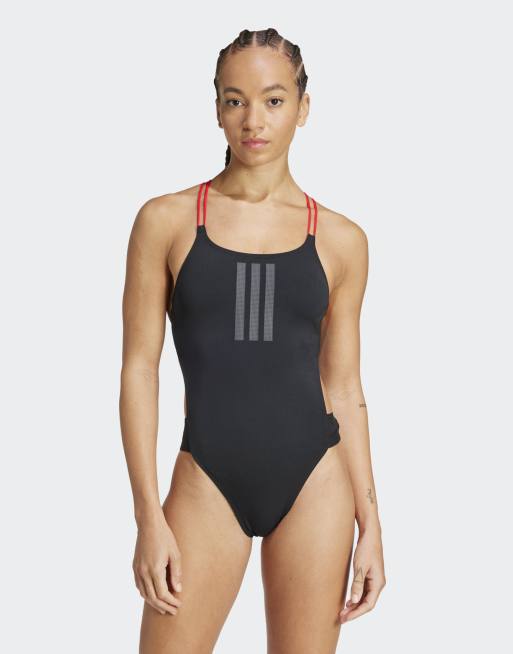 adidas Performance – Ripstream – Badeanzug in Schwarz und Pure Ruby mit 3-Streifen-Logo und Rückenträgern in X-Form, 2 von 4