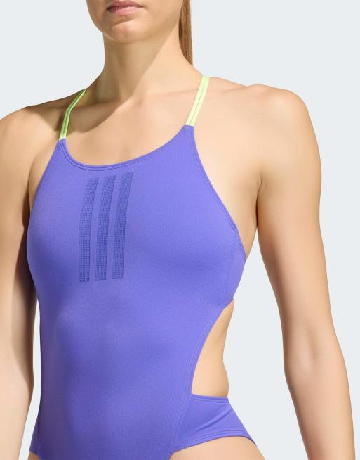 adidas Performance - Ripstream - Costume da bagno viola solare con 3 strisce e laccetti sul retro, 4 di 4