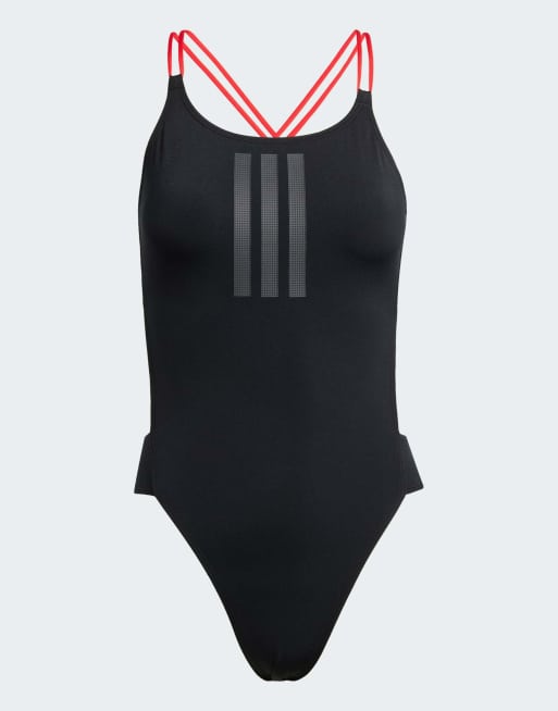 adidas Performance – Ripstream – Czarno-rubinowy strój kąpielowy z 3 paskami i ramiączkami w kształcie litery X na plecach