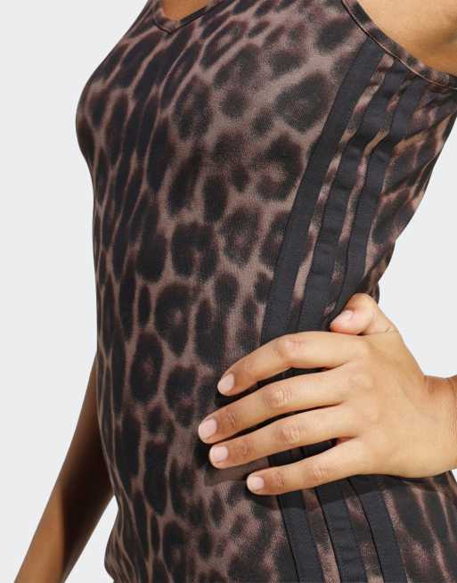 adidas performance Seasonal essentials leopard print mini-dress with 3-stripes in brown, 4 of 4