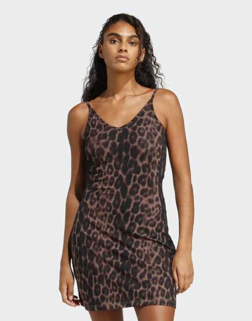 adidas performance Seasonal essentials leopard print mini-dress with 3-stripes in multicolor / brown