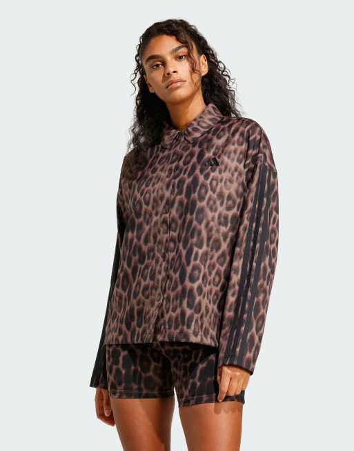 adidas performance Seasonal Essentials leopard print woven overshirt with 3-stripes in multicolor / brown