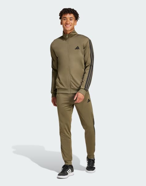 adidas performance Sportswear basic 3-stripes tricot track suit in olive strata - view 1