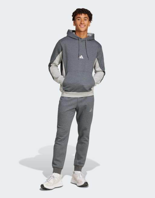 adidas Performance – Sportswear – Fleece-Trainingsanzug in meliertem Dunkelgrau mit Blockfarben-Design und Kapuze