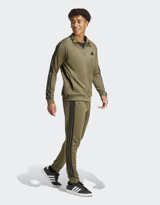 adidas Performance - Sportswear - Tuta sportiva basic in tricot verde oliva con logo a 3 strisce, 3 di 4