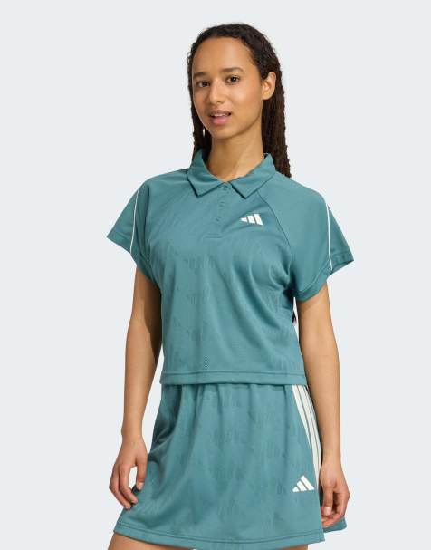 adidas performance Stadium 3-stripes tennis inspired jacquard polo tee in preloved teal / off white - view 1