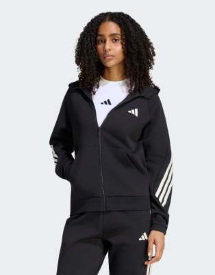 Adidas Donna Nero Stadium Three Stripes Full Zip Hoodie - Felpe Con Cappuccio - Taglia Xl (46-48) - Jersey Di Cotone - Immagine 3