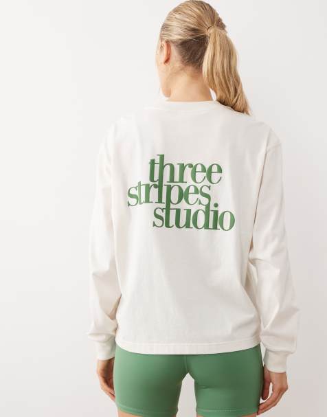 adidas Performance – Studios – Langärmliges Oberteil in Weiß und Grün mit den drei Streifen - view 1