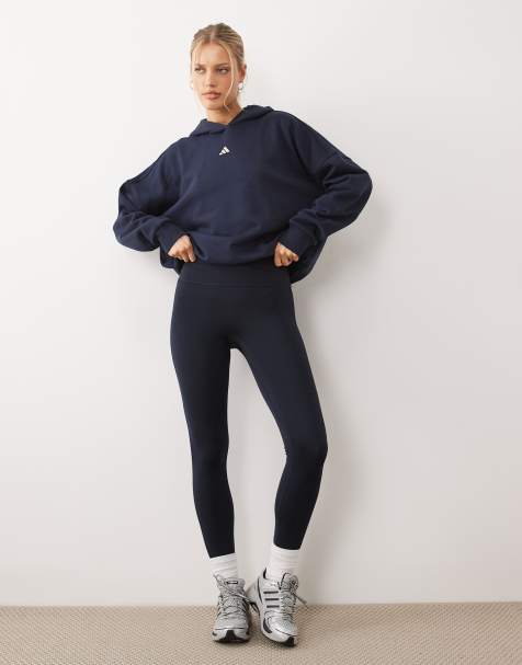 adidas Performance – Studios – Leggings in Marineblau und Creme mit überkreuztem Bund mit den drei Streifen - view 1