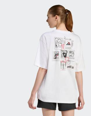 adidas Performance - T-Shirt in Weiß und Pure Ruby mit Oversize-Passform und kleiner Stickerei