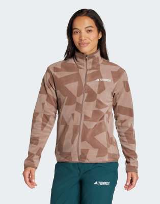 adidas Performance - Terrex - Fleecejacke in Earth Strata / Trace Brown mit durchgehendem Reißverschluss und Print-Grün