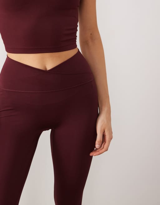adidas Performance Three Stripes Studio crossover waistband leggings in burgundy, 3 of 5