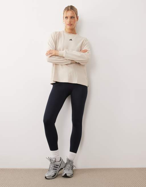 adidas Performance Three Stripes Studio long sleeve top in stone and navy, 2 of 4