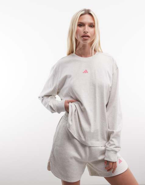 adidas Performance Three Stripes Studio long sleeve top in white and pink - view 1