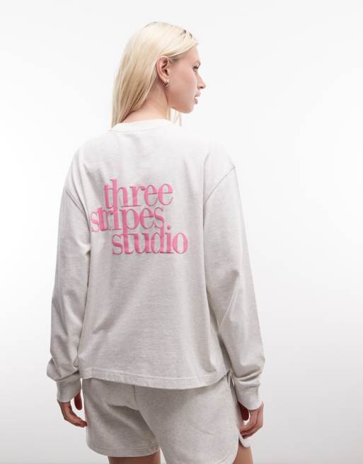 adidas Performance Three Stripes Studio long sleeve top in white and pink, 3 of 4