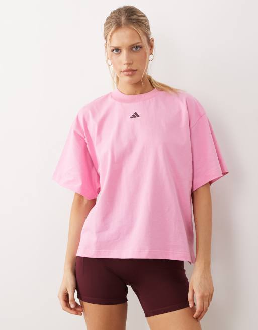 adidas Performance - Three Stripes Studio - T-shirt in roze en bordeauxrood, 3 van 4