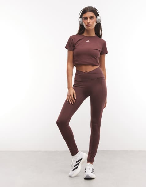 adidas Performance Three Stripes Studios Cross Over leggings in burgundy 