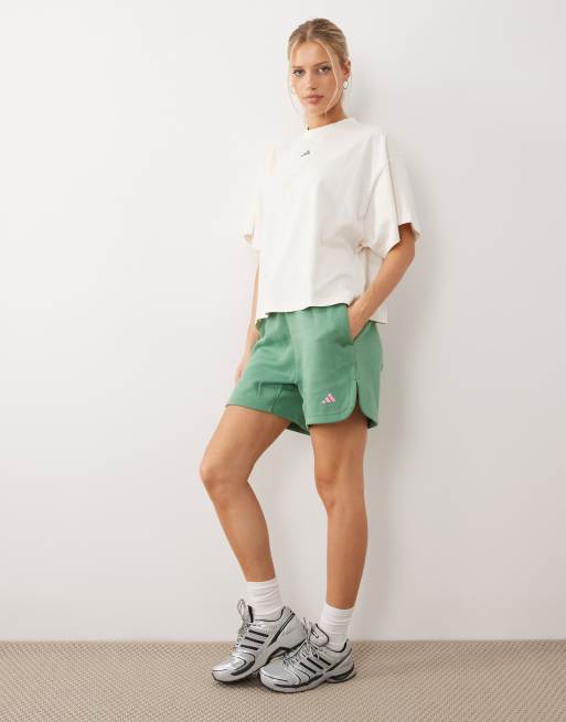 adidas Performance Three Stripes Studios jersey shorts in green and pink, 2 of 5
