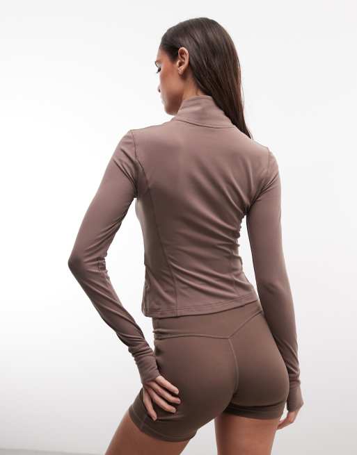 adidas Performance Three Stripes Studios long sleeve zip thru in brown, 4 of 4