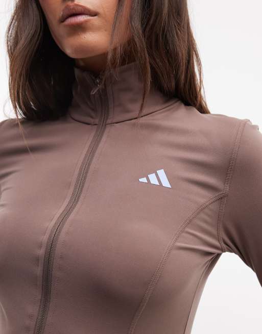 adidas Performance Three Stripes Studios long sleeve zip thru jacket in brown, 3 of 4