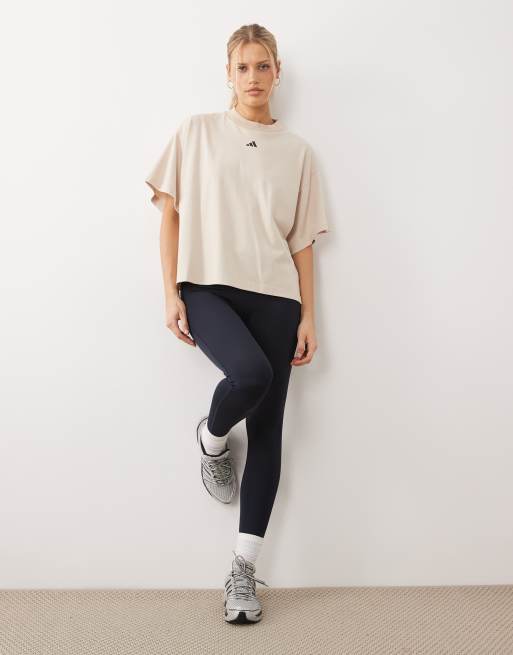 adidas Performance Three Stripes Studios t-shirt in stone and navy, 2 of 4
