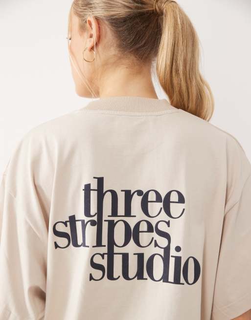 adidas Performance Three Stripes Studios t-shirt in stone and navy, 3 of 4