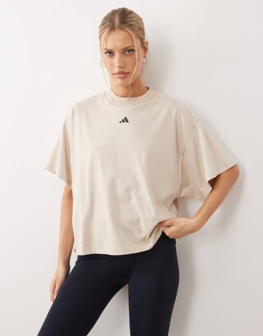 adidas Performance Three Stripes Studios t-shirt in stone and navy, 4 of 4