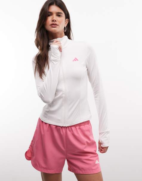 adidas Performance Three Stripes Studios zip thru top in white and pink - view 1