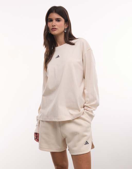 adidas Performance top a maniche lunghe Three Stripes Studios color crema, 4 di 4