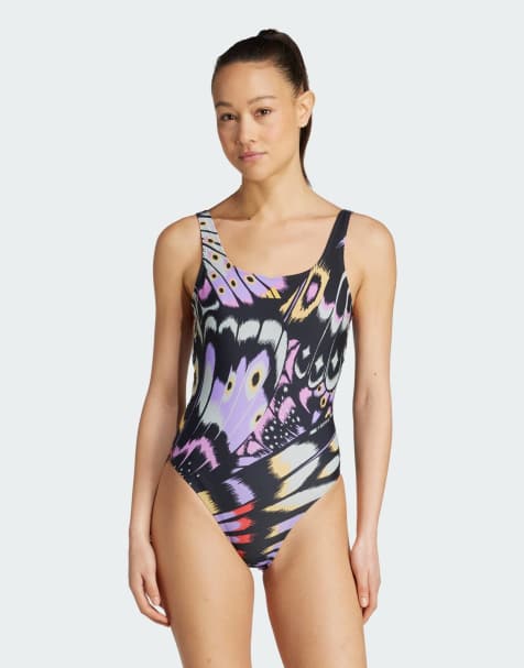 adidas Performance x Farm - Costume da bagno viola fusione / mais oro con retro a U e grafica - view 1