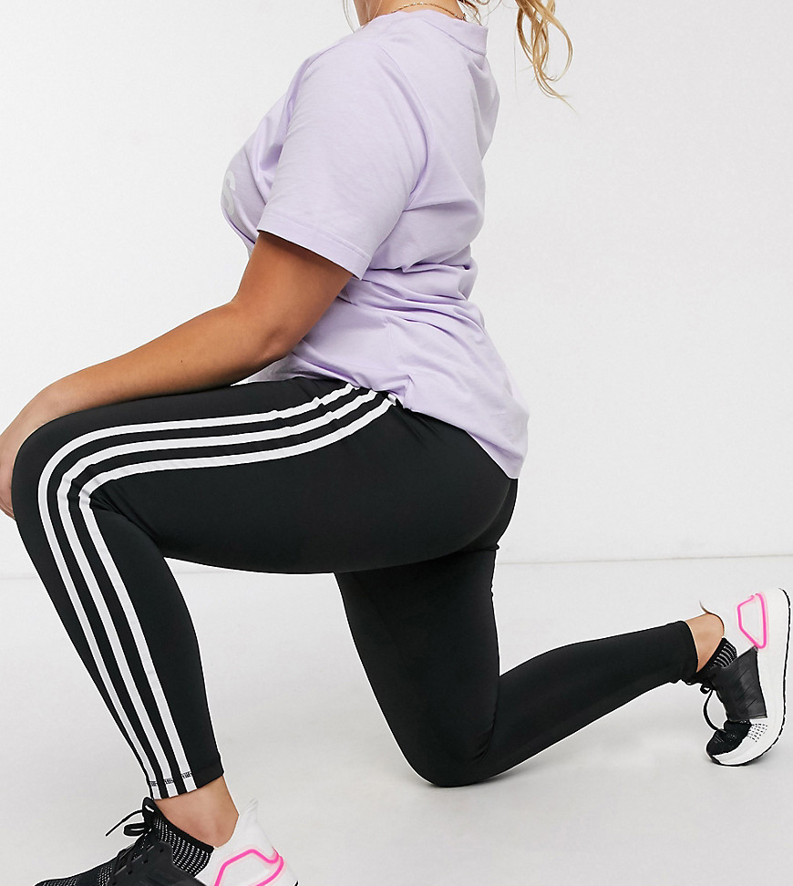 Adidas – Plusstorlek – Training – Svarta leggings med 3 ränder