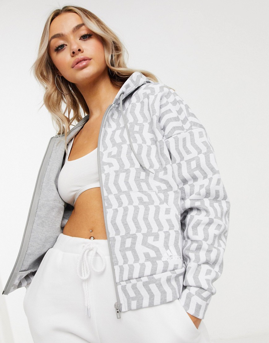 adidas printed full zip hoodie in medium grey heather